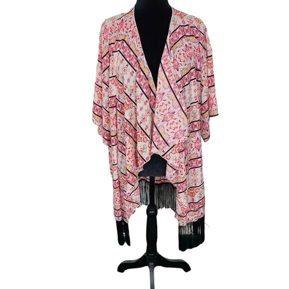 LuLaRoe Other - LulaRoe Kimono Women L Long Pink Geometric  Black Fringe Shawl Swim Coverup